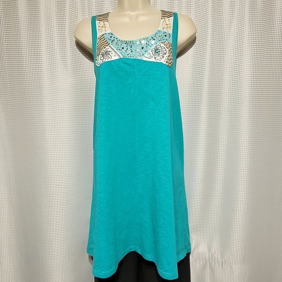 Style & co.  Beads, Sequins & Embroidered Turquoise Cotton Top (L) - Picture 4 of 9